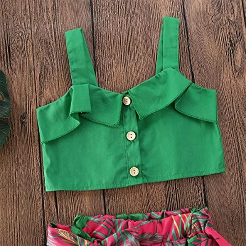 Vista 3 de Conjunto de ropa bohemia de verano con tirantes y hombros verdes para niña pequeña + falda larga con volantes florales