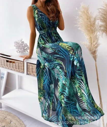 Vista 2 de PHILISENMALL Woman Summer Casual Dress Sleeveless Print Halter Strap Dress Ladies Party Grown Long Dress for Dating Traveling