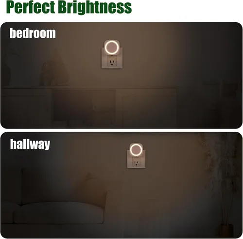 Vista 5 de Luces nocturnas de color blanco cálido enchufables en la pared, paquete de 4 luces nocturnas regulables con sensor automático de atardecer a