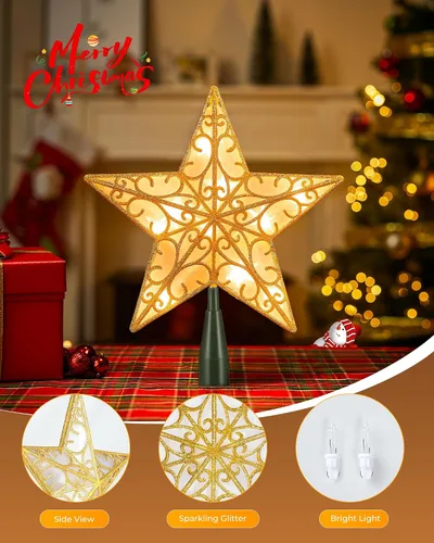 Vista 3 de Decoración para árbol de Navidad, estrella 3D con purpurina plateada, diseño hueco de metal, 10 lámparas integradas para interiores, oficina
