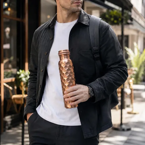 Vista 3 de Botella de agua de cobre 100% puro para beber 34 Oz-Honeycomb