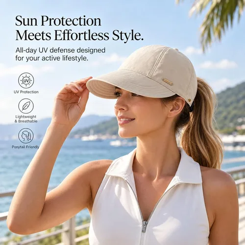 Vista 6 de Sombreros de visera ancha para mujer, sombrero de sol UPF 50+ para viajes Beige
