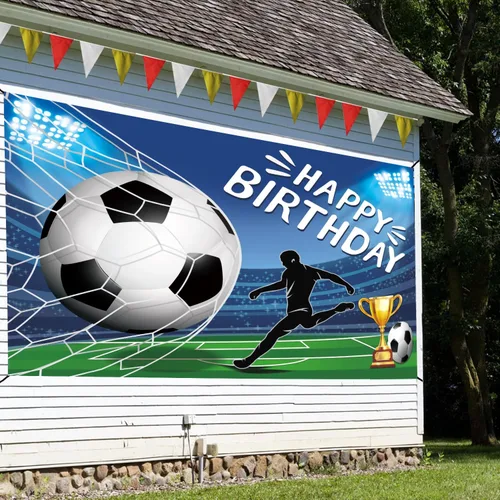 Vista 4 de Cartel de feliz cumpleaños con temática de fútbol, cartel gigante grande de 71 x 43 pulgadas para decoración de fiestas en interiores y exteriores