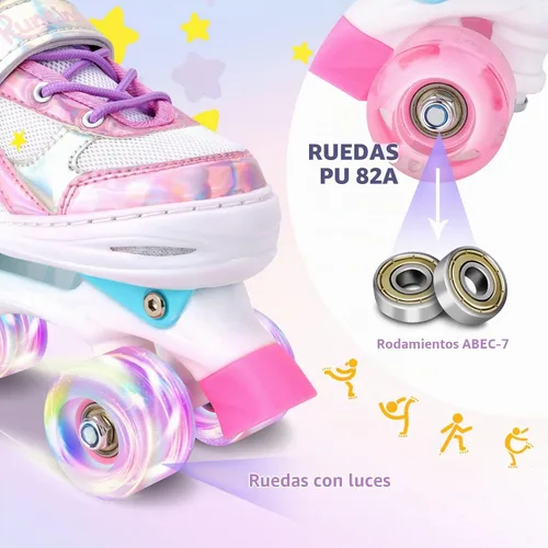 Vista 4 de Patines de ruedas para niñas y niños, 4 tamaños ajustables con ruedas iluminadas