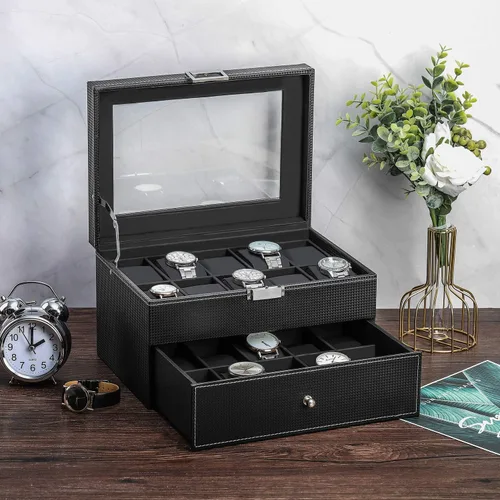 Vista 2 de BASTUO Caja de reloj 20 relojes organizador de exhibición de cuero de fibra de carbono de lujo, caja de colección de joyas para hombres y mujeres