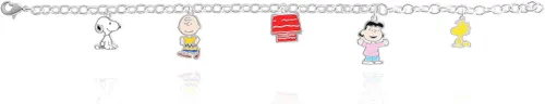 Vista 3 de Peanuts Pulsera con dije de Snoopy y sus amigos para mujer, licencia oficial, pulsera chapada en plata, regalos de Snoopy, Latón, Sin gemas.