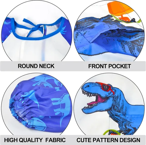Vista 4 de PASHOP Bata de arte para niños, de unicornio, impermeable, para niñas, niños, manga larga, hasta la rodilla, con bolsillo (dinosaurio azul, 3-7 años)