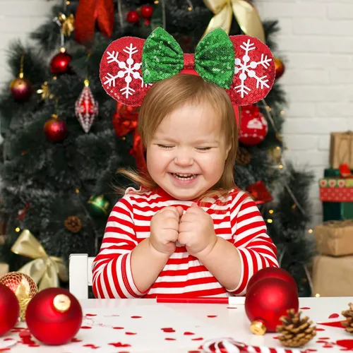 Vista 4 de Diadema de orejas de ratón de Navidad, 2 piezas de orejas de Navidad para mujeres y niños, diadema con lazo de lentejuelas para fiestas de Navidad