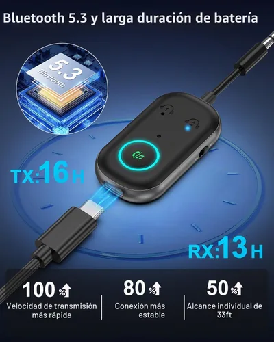 Vista 7 de Bomivoi Receptor transmisor Bluetooth 5.3, adaptador Bluetooth de avión para 2 auriculares, adaptador de audio inalámbrico para automóvil, llamada