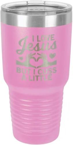 Vista 11 de Taza de viaje con texto en inglés "I Love Jessus I CUSS A LITTLE Engraved Tumbler", de acero con recubrimiento de polvo grabado con láser, sin BPA