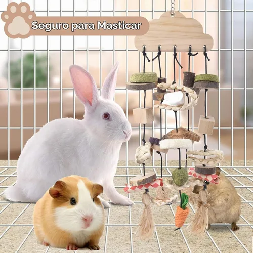 Vista 3 de Bissap Juguete Masticable para Conejos, Juguetes Masticables Colgantes para Jaula de Conejo y Golosinas de Madera con Aperitivos para Conejillos