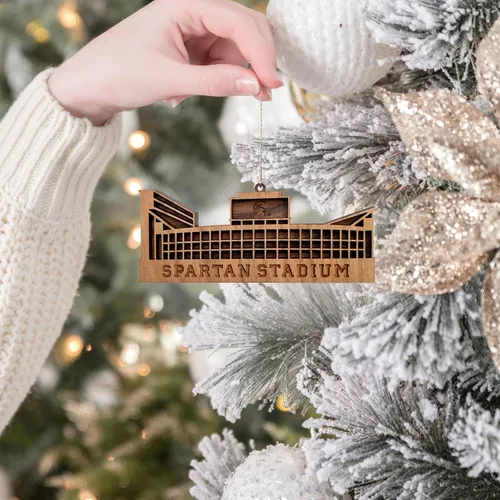 Vista 2 de Adornos para árbol de Navidad de la Universidad Estatal de Michigan, Spartan Stadium, Spartans Football, licencia oficial de la NCAA, decoración