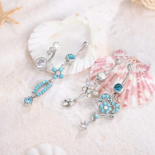 Vista 3 de Juego de 5 anillos para ombligo para mujer, de acero quirúrgico, barra brillante para ombligo, juego de anillos de ombligo sexy con diamantes