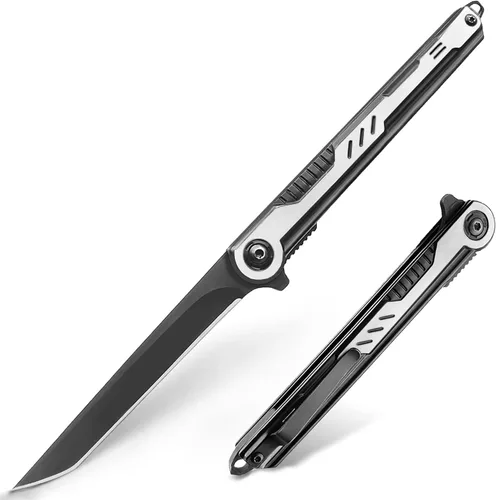 Vista 8 de Cuchillo de bolsillo para hombres, cuchillo plegable con clip, con hoja de acero D2, cierre de seguridad, cuchillo afilado para supervivencia