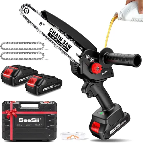 Vista 10 de SEESII Mini motosierra inalámbrica, de 8 pulgadas y 6 pulgadas, motosierra eléctrica con 2 baterías y engrasador automático, motosierra de mano sin
