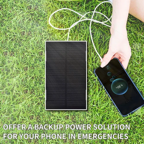 Vista 6 de Panel solar de 2 W, cargador solar de batería para teléfono móvil con puerto USB-C, cable de conector para iPhone, aplicación de emergencia al aire