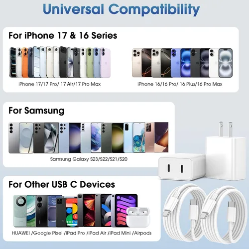 Vista 6 de Cargador para iPhone 17 Pro Max de carga rápida, 40 W Dual USB C Bloque de carga rápida con cable de carga tipo C de 6 pies para iPhone 17/17 Pro/17