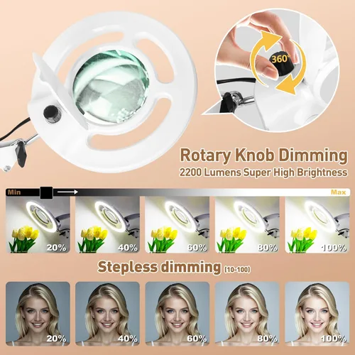 Vista 3 de HITTI 10X - Lupa esteticista de luz, color blanco 2200 lúmenes, regulable continuo, base rodante de 5 ruedas, lámpara Mag iluminada con LED