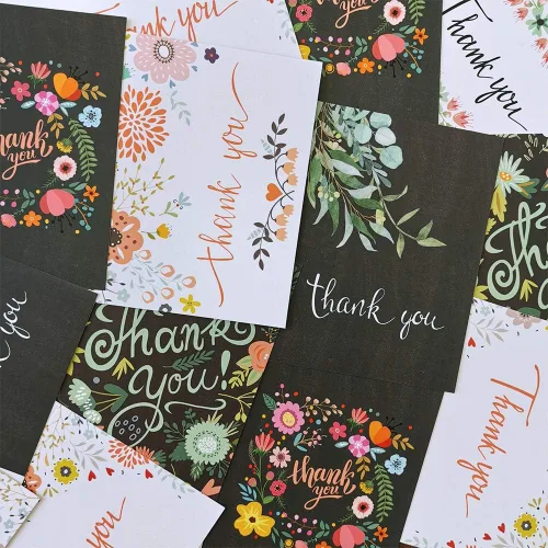 Vista 3 de 150 juegos de tarjetas de agradecimiento en blanco a granel con sobres, calcomanías, surtido de 6 diseños de caligrafía de acuarela floral, tarjetas