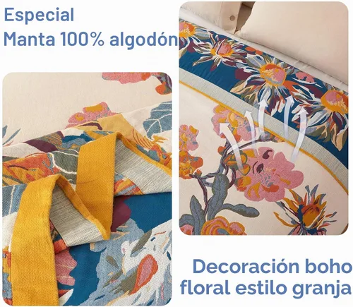 Vista 5 de Manta Bohemia – Manta suave 100% algodón para cama, 60"x80", reversible, transpirable, ligera, para otoño, todas las estaciones, decoración de casa