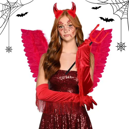 Vista 5 de MOVINPE Red Devil - Juego de accesorios para disfraz de Halloween, alas de plumas infernales, cuernos de diablo, diadema de tridente, gemas