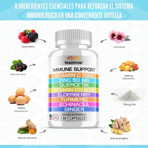 Vista 2 de Apoyo inmunológico 8 en 1 con quercetina, zinc 50mg, vitamina C 1000mg, vitamina D3 5000 UI y saúco, equinácea, jengibre para adultos y niños
