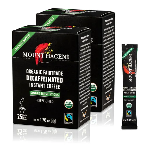 Vista 11 de Mount Hagen 25 paquetes de café descafeinado instantáneo de una sola porción – 1 paquete Granos arábica orgánicos descafeinados de tostado medio