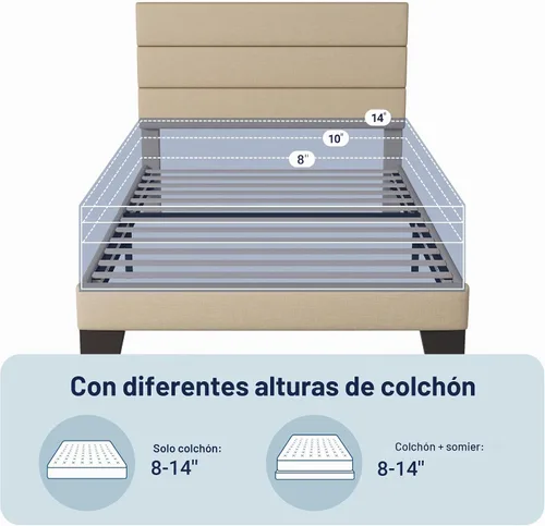 Vista 7 de Allewie Base de cama de plataforma de tamaño individual con cabecera tapizada de tela y soporte de listones de madera, base de colchón totalmente