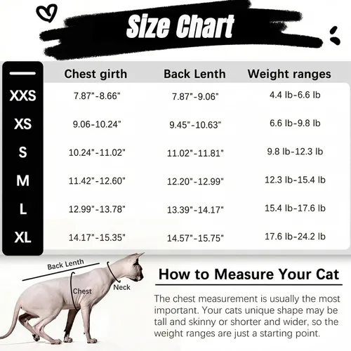 Vista 9 de DENTRUN Camisa suave de gato Sphynx, ropa transpirable con patrón de corazón para gatos