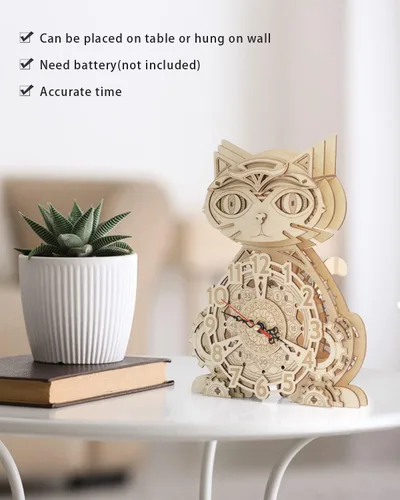 Vista 5 de Rompecabezas 3D para adultos Kit modelo Reloj Gato Reloj de madera para escritorio para niños Decoración para regalo de cumpleaños/Día de Navidad