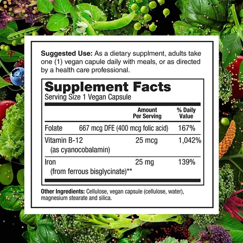 Vista 5 de PlantFusion Suplementos veganos de hierro de, suplementos premium de hierro a base de plantas para mujeres y hombres (25 mg), más folato y B12, 90