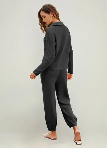 Vista 6 de softome Conjunto de 2 piezas para mujer, suéter de manga larga, con cremallera de 14, suéter de punto, pantalones casuales, conjunto de ropa