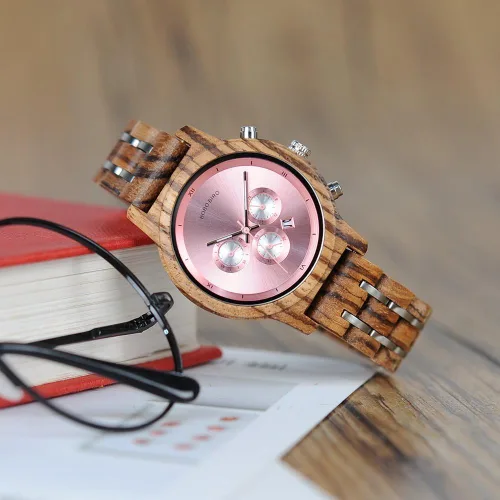 Vista 3 de BOBO BIRD Relojes de madera para mujer, correa de metal de madera de lujo, cronógrafo y visualización de fecha, reloj de cuarzo, moda de cebra