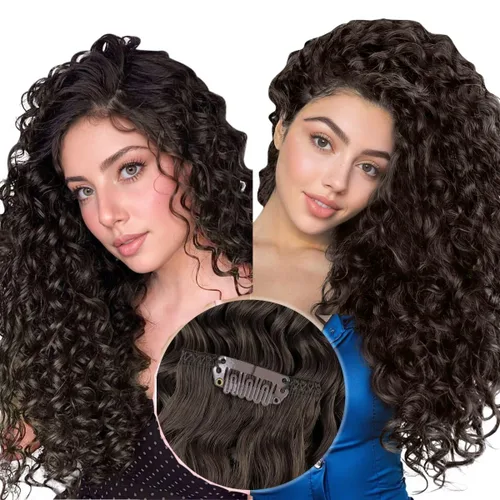 Vista 57 de Hetto . Extensiones de cabello humano rizado con clip, color #1 negro azabache, extensiones de cabello humano ondulado natural para cabeza completa