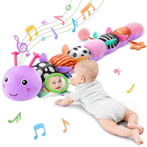 Vista 9 de Juguetes para Bebés Sensoriales Musicales de Animales de Peluche para Infantes de 0-3-6-12 Meses Tiempo Boca Abajo Recién Nacido, Oruga de Peluche