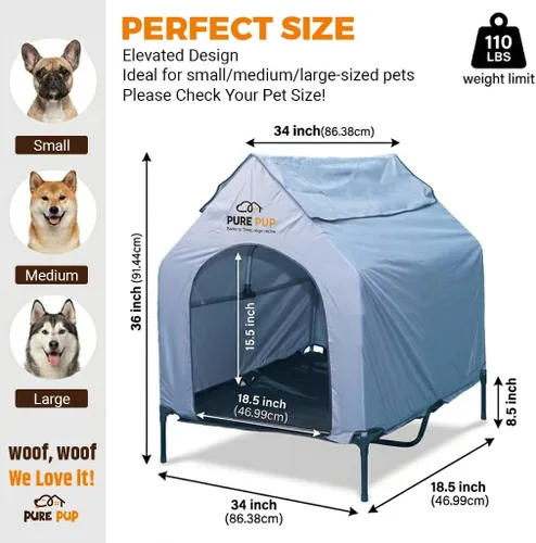 Vista 2 de Casa para perros al aire libre con toldo en el techo, cama elevada con ventanas de malla de 16.1 x 9.4 x 6.7 in/12.6 lbs - Refugio resistente a