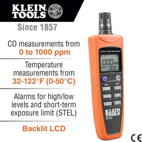 Vista 3 de Medidor de CO ET110 de Klein Tools, comprobador y detector de monóxido de carbono con alarma de límite de exposición, 4 pilas AAA y bolsa