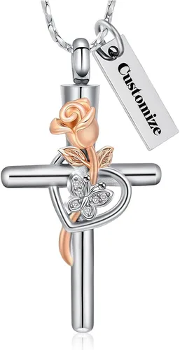 Vista 11 de Imrsanl Collar de urna de cruz de mariposa rosa para cenizas, joyería de cremación, colgante para hombres y mujeres, joyería conmemorativa