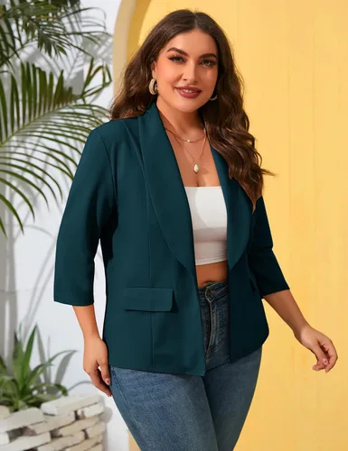 Vista 3 de ShopWonder Blazer casual con bolsillos para mujer, talla grande, para oficina, frente abierto, manga 34, cárdigans, chaqueta de trabajo