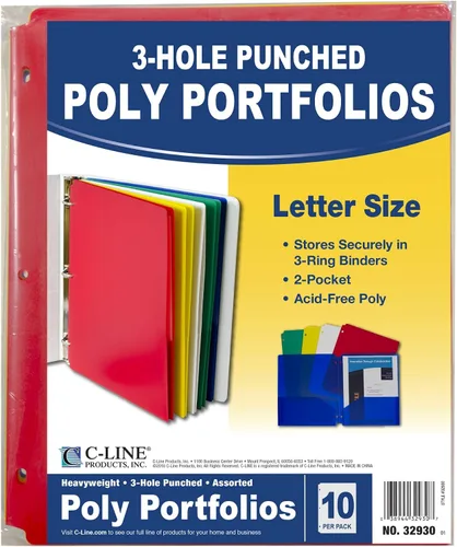 Vista 4 de Carpeta C-Line Poly Portfolio con dos bolsillos, resistente, con tres agujeros perforados, azul, caja de 25 carpetas (32935), Variados