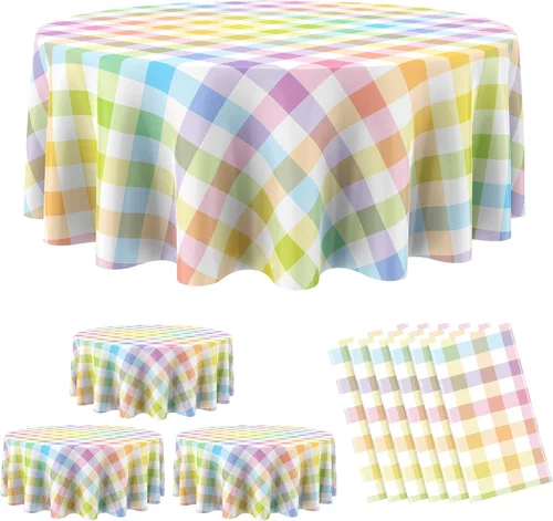 Vista 21 de Remagr Mantel Desechable de Cuadros Redondo de Plástico Buffalo Plaid Mantel de Mesa de 84'' Cubierta de Mesa Gingham para Picnic Camping BBQ Fiesta