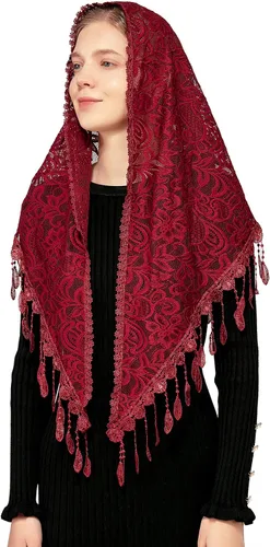 Vista 3 de Wgior Triángulo Flor Capilla Velos Católicos Latino Masa Cabeza Cubierta de Encaje Bufanda Mantilla Velos para Iglesia