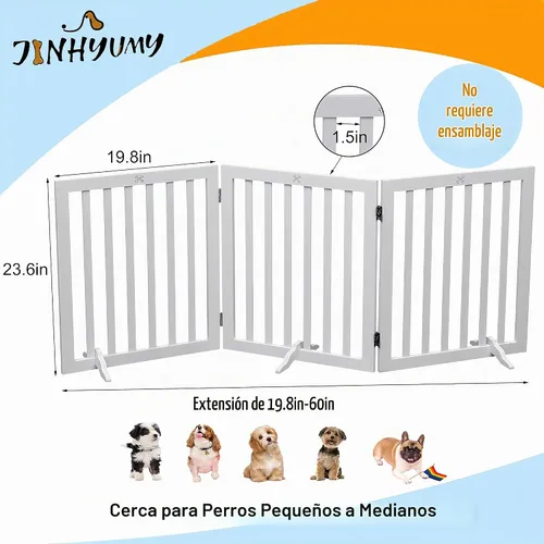 Vista 3 de Puerta para Perros de Madera Independiente para Mascotas de 3 Paneles de 23.6" de Altura Blanca Cercas Interiores para Perros, Puerta de Casa