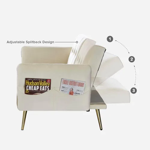 Vista 5 de Anwick Sofá cama futón convertible de terciopelo de espuma viscoelástica, sofá cama moderno de dos plazas con respaldo y reposabrazos ajustables
