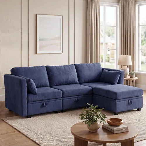 Vista 16 de Sofá con Otomano en Forma de L Pequeño con Asientos Almacenables de 57" Sofá Seccional Modular con Brazos y Respaldo Reclinables Sofá Convertible