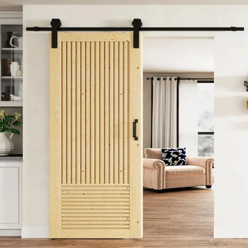 Vista 16 de BARNER HOME Puerta de granero de madera de pino de 30 x 84 pulgadas, puerta corredera decorativa de 1 lite, con kit de herramientas incluido Puerta