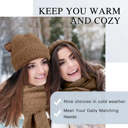 Vista 6 de Gorro de punto de invierno para mujer, guantes para pantalla táctil, bufandas, cálido y suave, con orejas de gato, gorras de calavera, bufandas