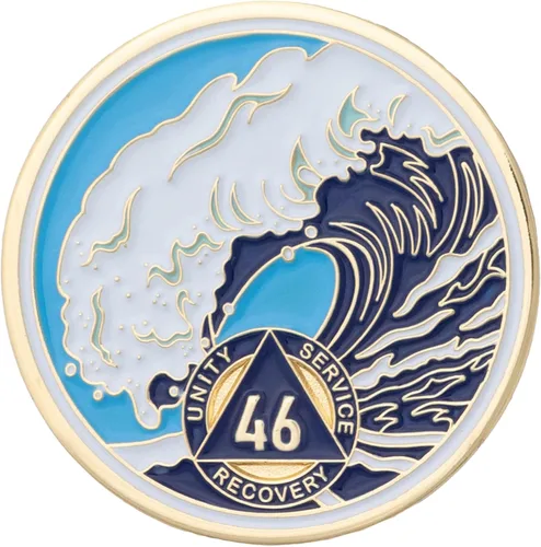 Vista 18 de Moneda AA de 1 año – Medallón de recuperación de ondas estrelladas de Sobriety Mint – azul/blanco/dorado