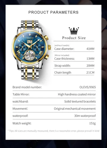Vista 6 de OLEVS Relojes de cuerda automática para hombre, reloj mecánico automático Tourbillon de acero inoxidable con doble calendario, impermeable, luminoso