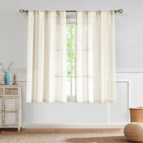 Vista 18 de Central Park Cortinas Transparentes de Rayas Beige y Blancas Estilo Granja de Lino Bouclé, Pares de Paneles de Cortina de Ventana Tejidos con Hilo